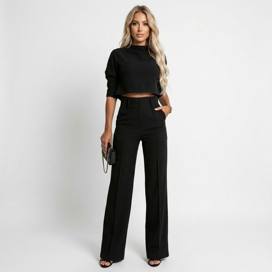 Crop Top and Wide Leg Pant Set in Black
