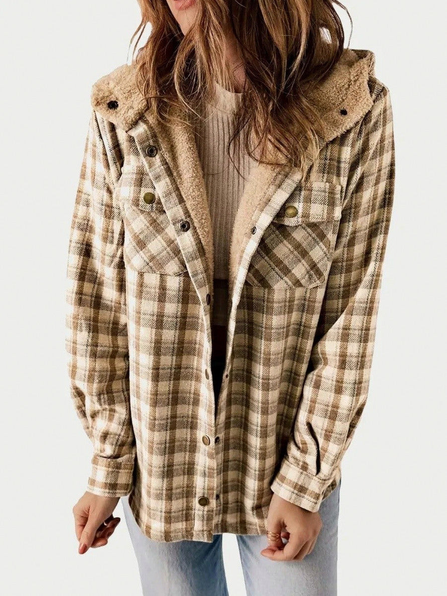 Plaid Sherpa Trim Hooded Shacket in Khaki