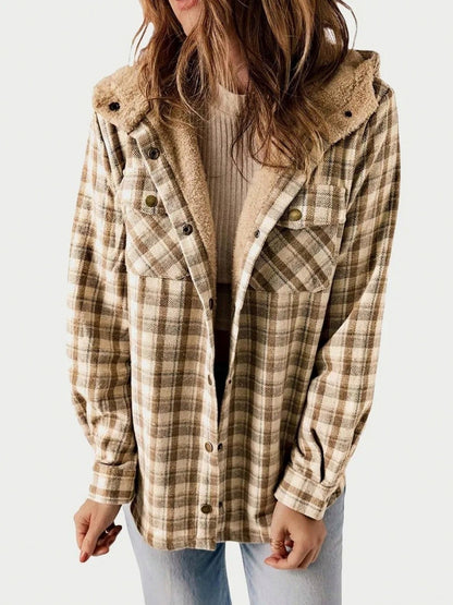 Plaid Sherpa Trim Hooded Shacket in Khaki