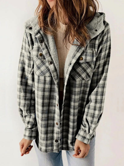 Plaid Sherpa Trim Hooded Shacket in Dark Gray