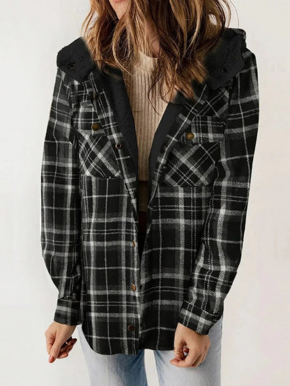 Plaid Sherpa Trim Hooded Shacket in Black
