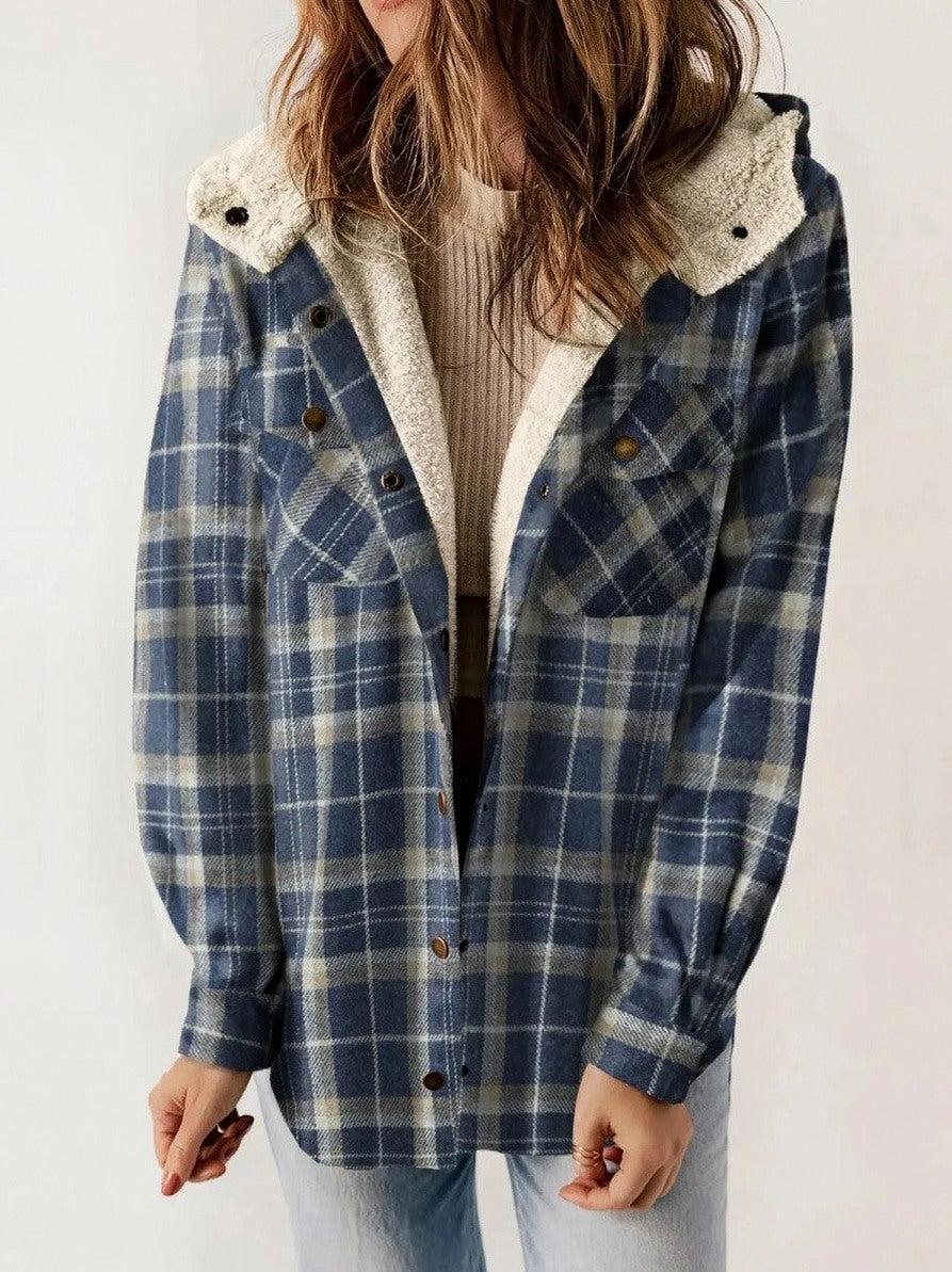 Plaid Sherpa Trim Hooded Shacket in Blue