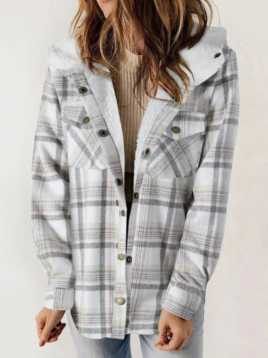 Plaid Sherpa Trim Hooded Shacket in White