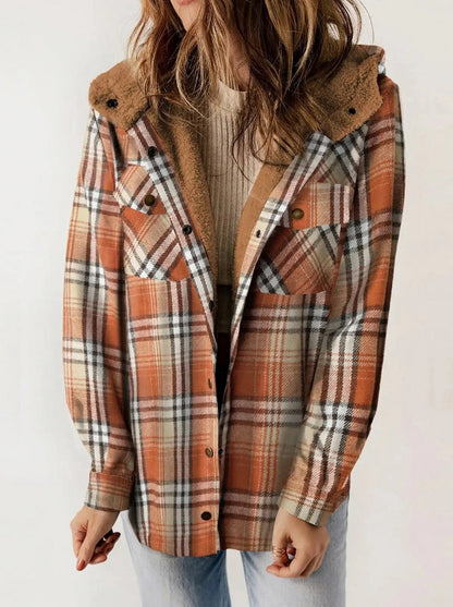 Plaid Sherpa Trim Hooded Shacket in Brown