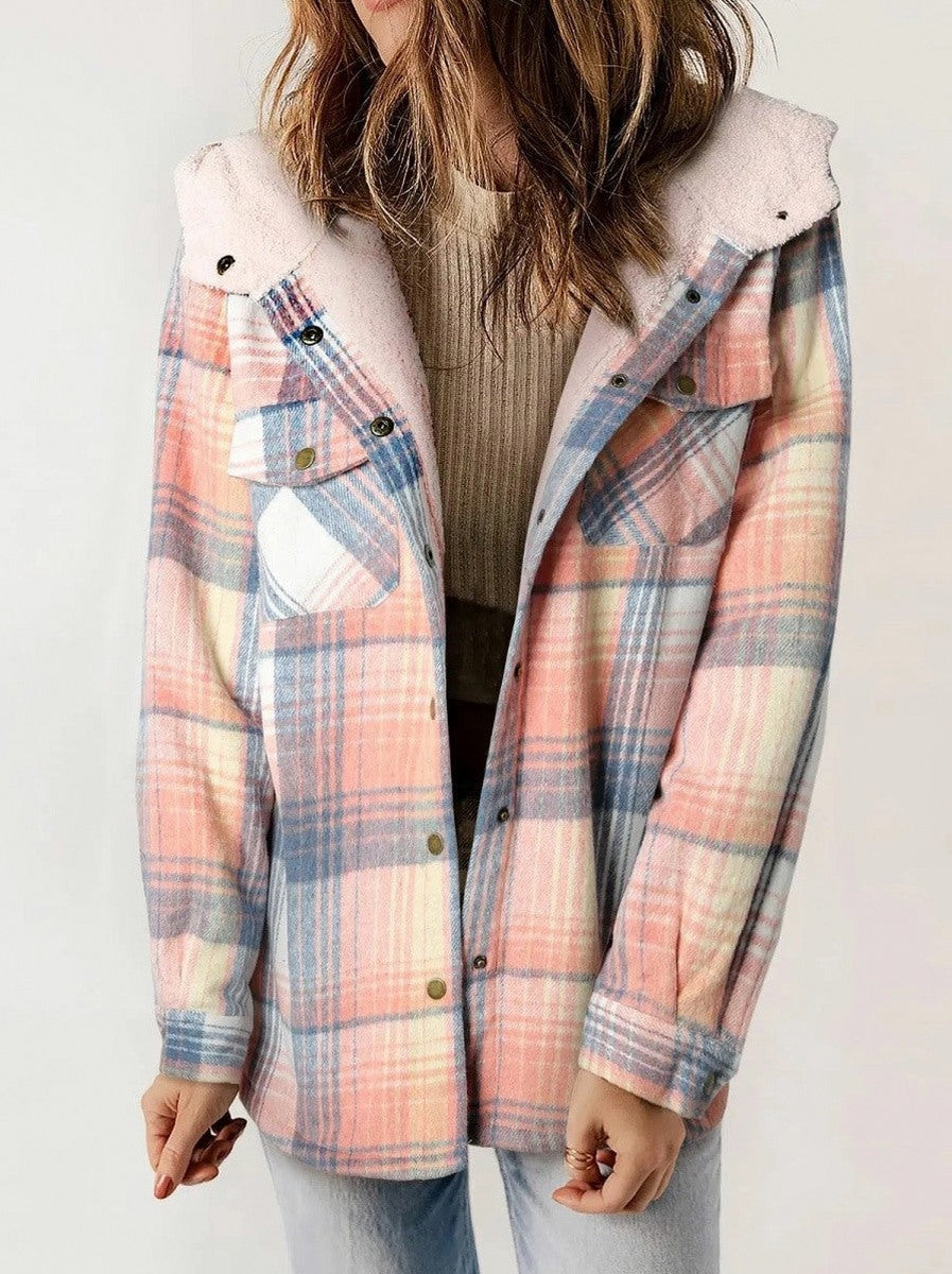 Plaid Sherpa Trim Hooded Shacket in Pink