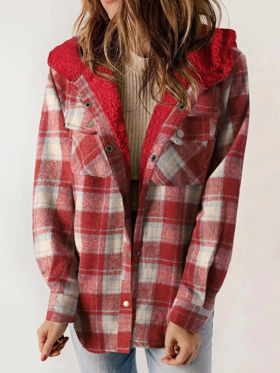 Plaid Sherpa Trim Hooded Shacket in Red