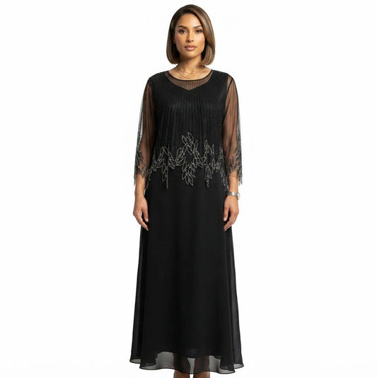 Pleated 3/4 Sleeve Maxi Dress in Black