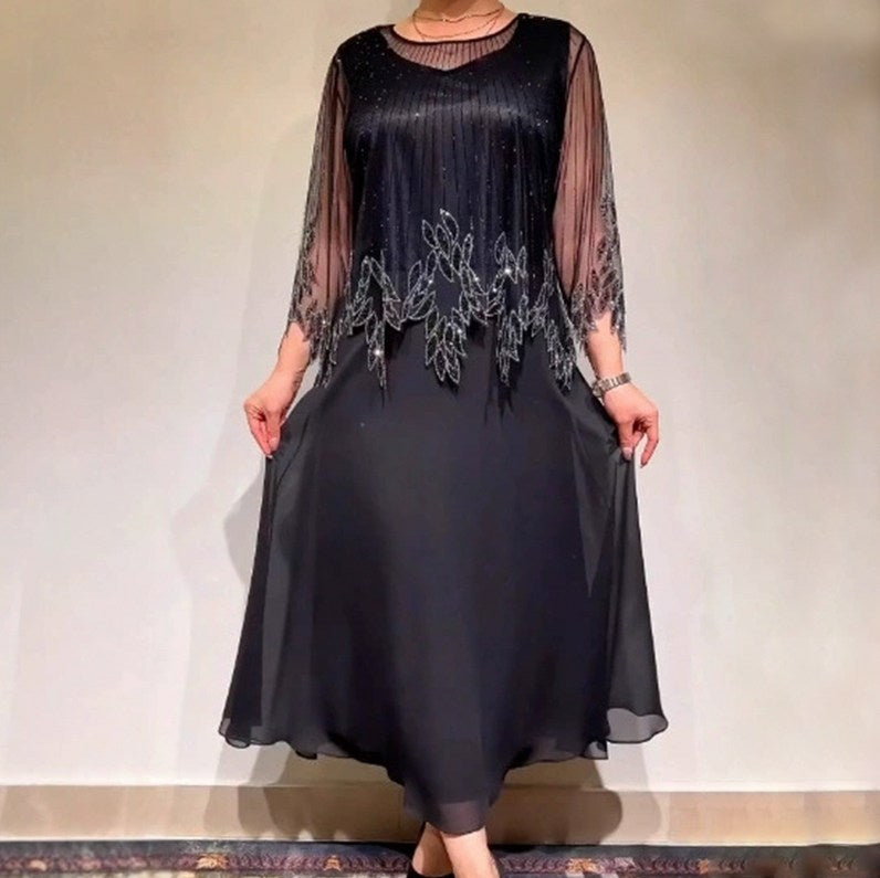 Pleated 3/4 Sleeve Maxi Dress