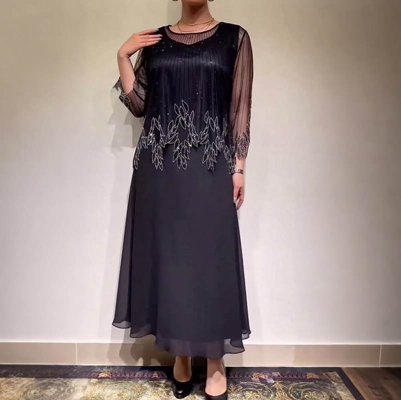 Pleated 3/4 Sleeve Maxi Dress