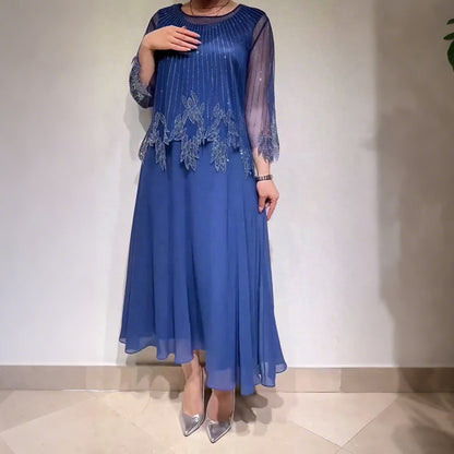 Pleated 3/4 Sleeve Maxi Dress in Blue