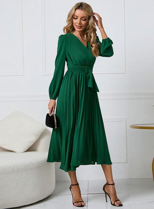 Pleated Belted Long Sleeve Midi Dress in Green