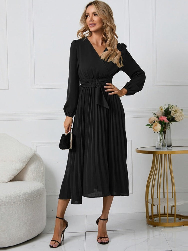 Pleated Belted Long Sleeve Midi Dress in Black