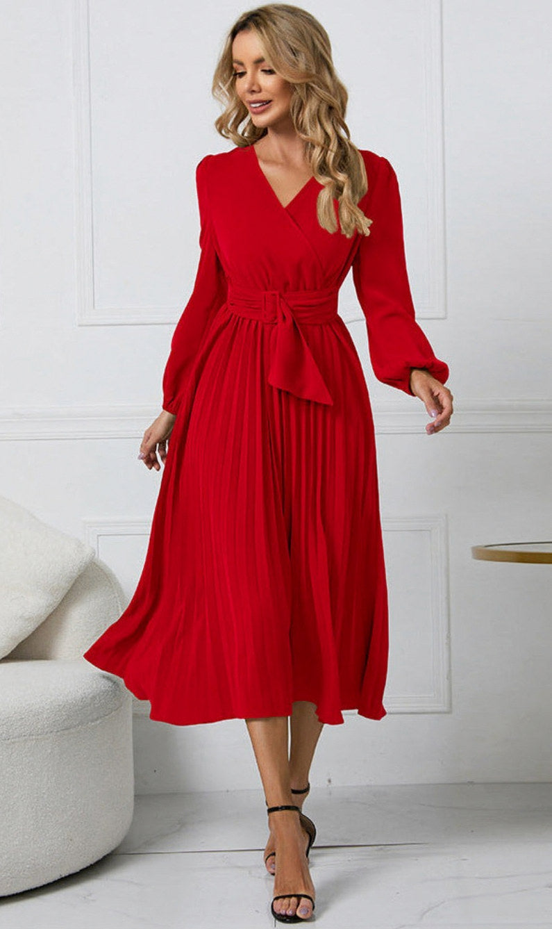 Pleated Belted Long Sleeve Midi Dress in Red