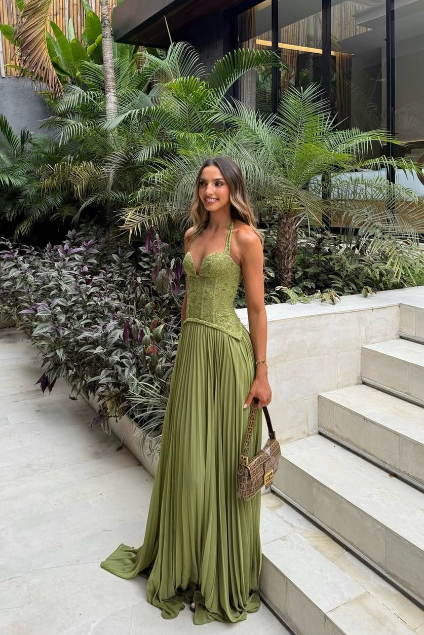 Pleated Corset Halter Maxi Dress in Green