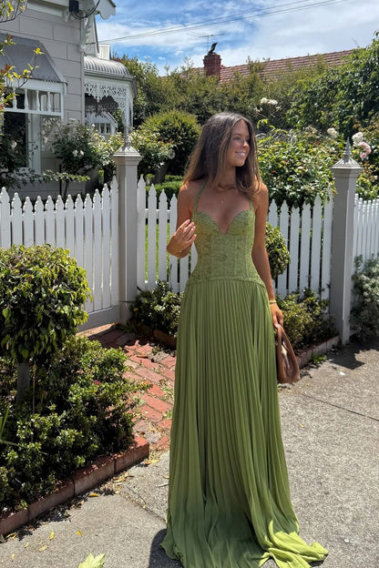 Pleated Corset Halter Maxi Dress