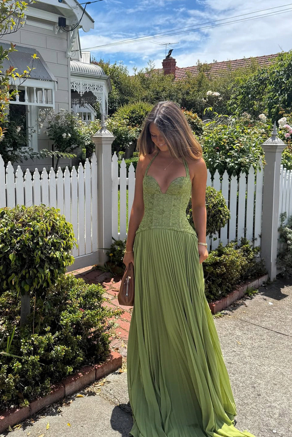 Pleated Corset Halter Maxi Dress