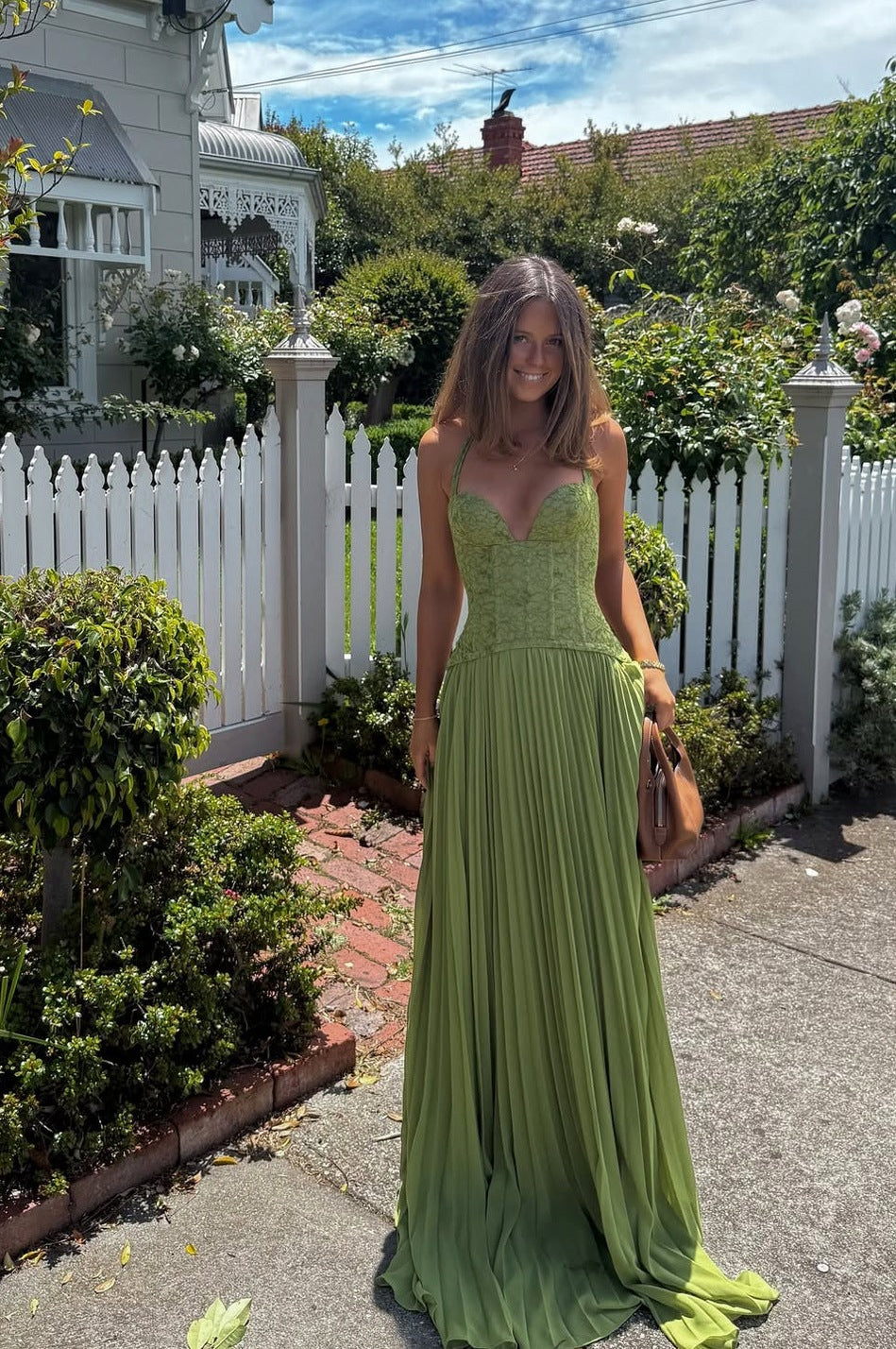 Pleated Corset Halter Maxi Dress
