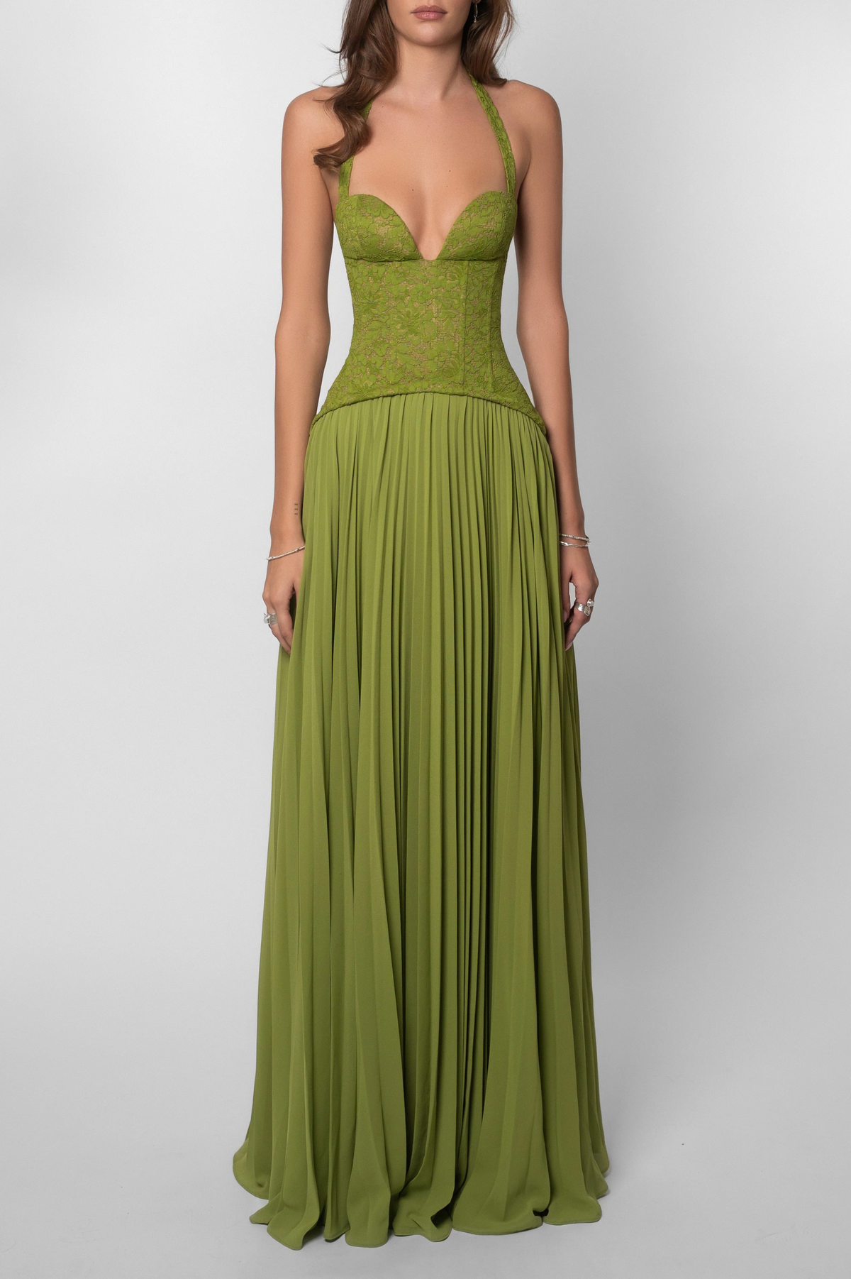 Pleated Corset Halter Maxi Dress