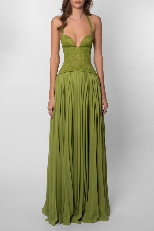 Pleated Corset Halter Maxi Dress