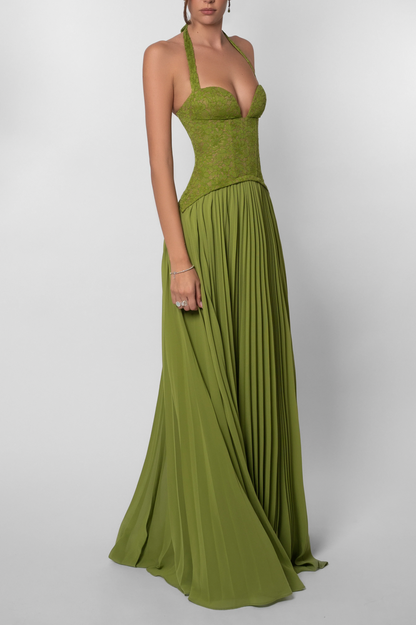 Pleated Corset Halter Maxi Dress