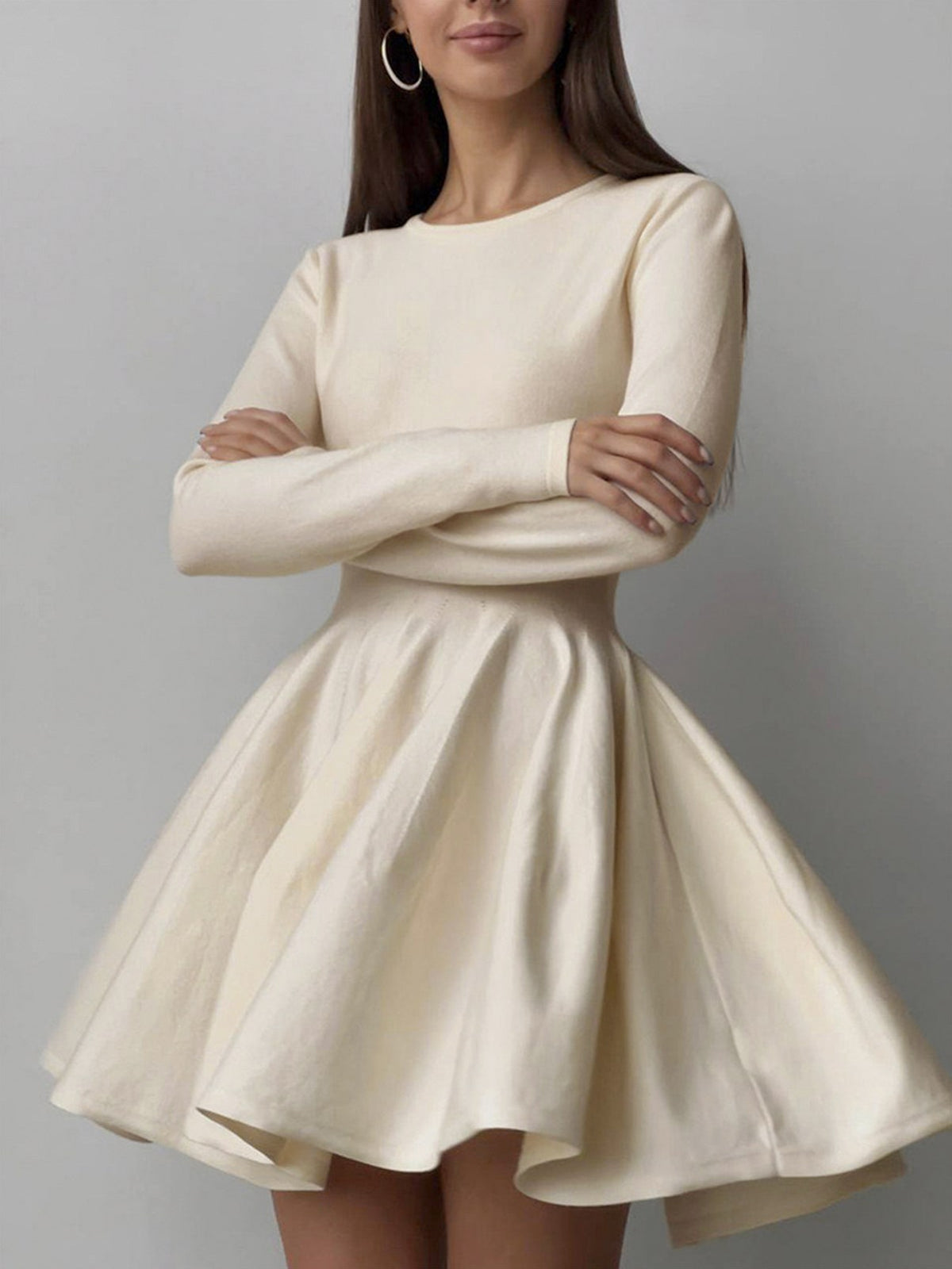 Pleated Knit A Line Mini Dress in Off White