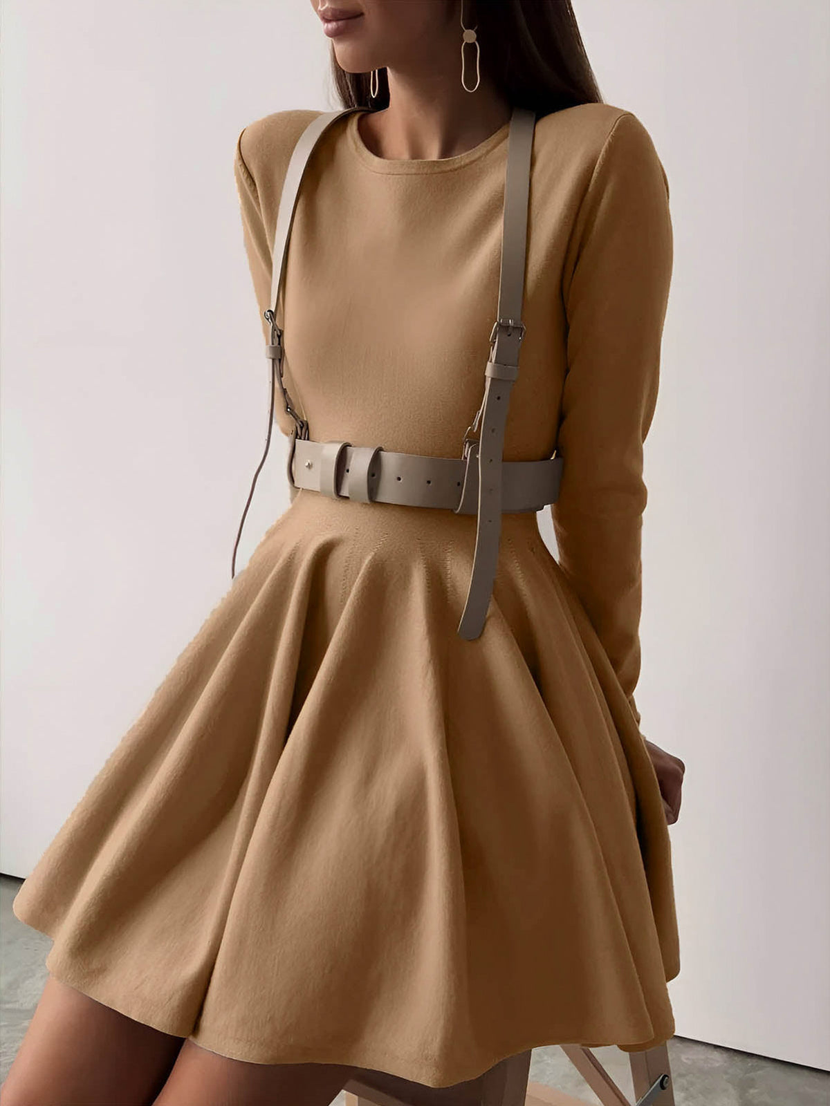 Pleated Knit A Line Mini Dress in Camel