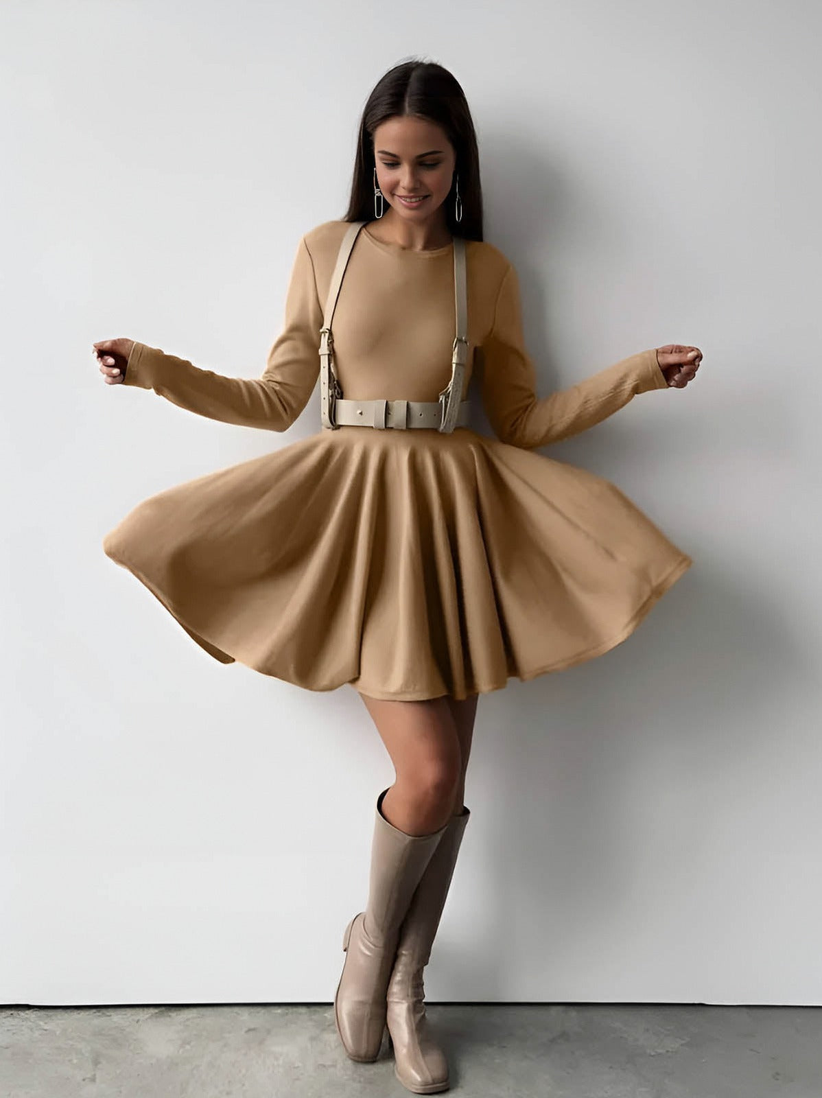 Pleated Knit A Line Mini Dress