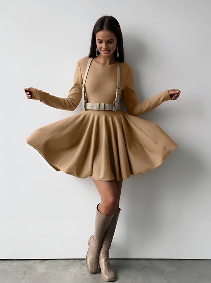 Pleated Knit A Line Mini Dress