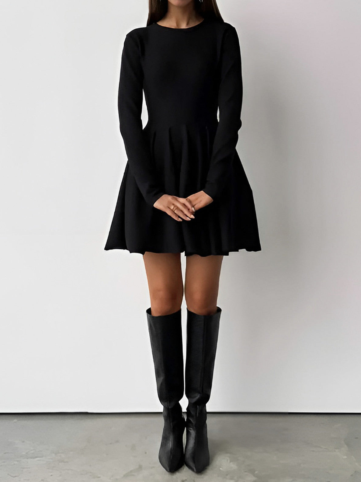 Pleated Knit A Line Mini Dress in Black