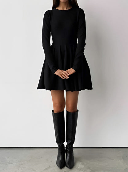 Pleated Knit A Line Mini Dress in Black