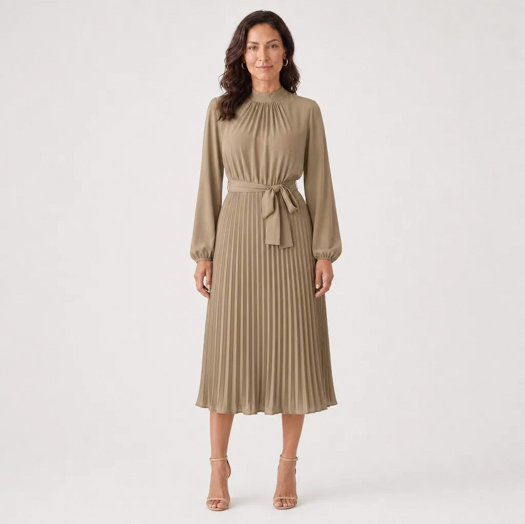 Pleated Mock Neck Midi Dress