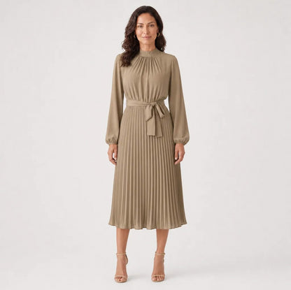 Pleated Mock Neck Midi Dress