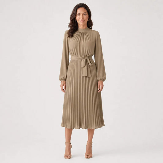 Pleated Mock Neck Midi Dress