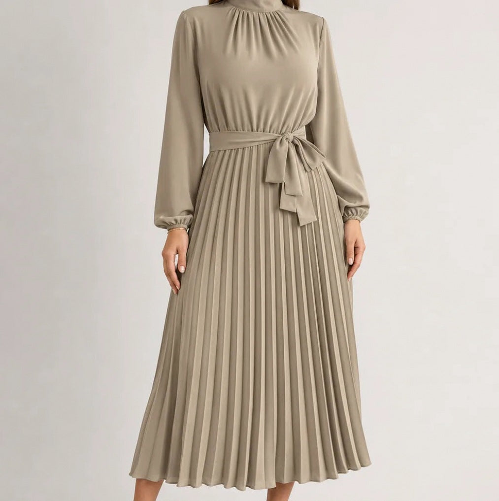 Pleated Mock Neck Midi Dress in Beige