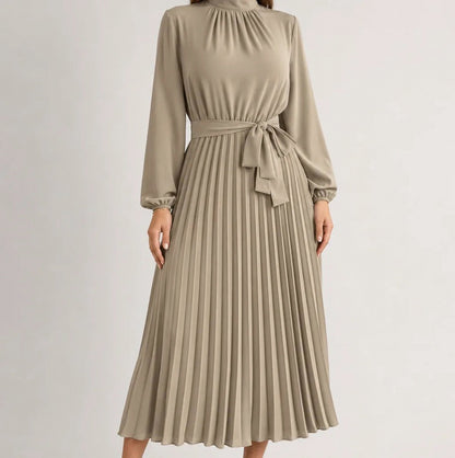 Pleated Mock Neck Midi Dress in Beige
