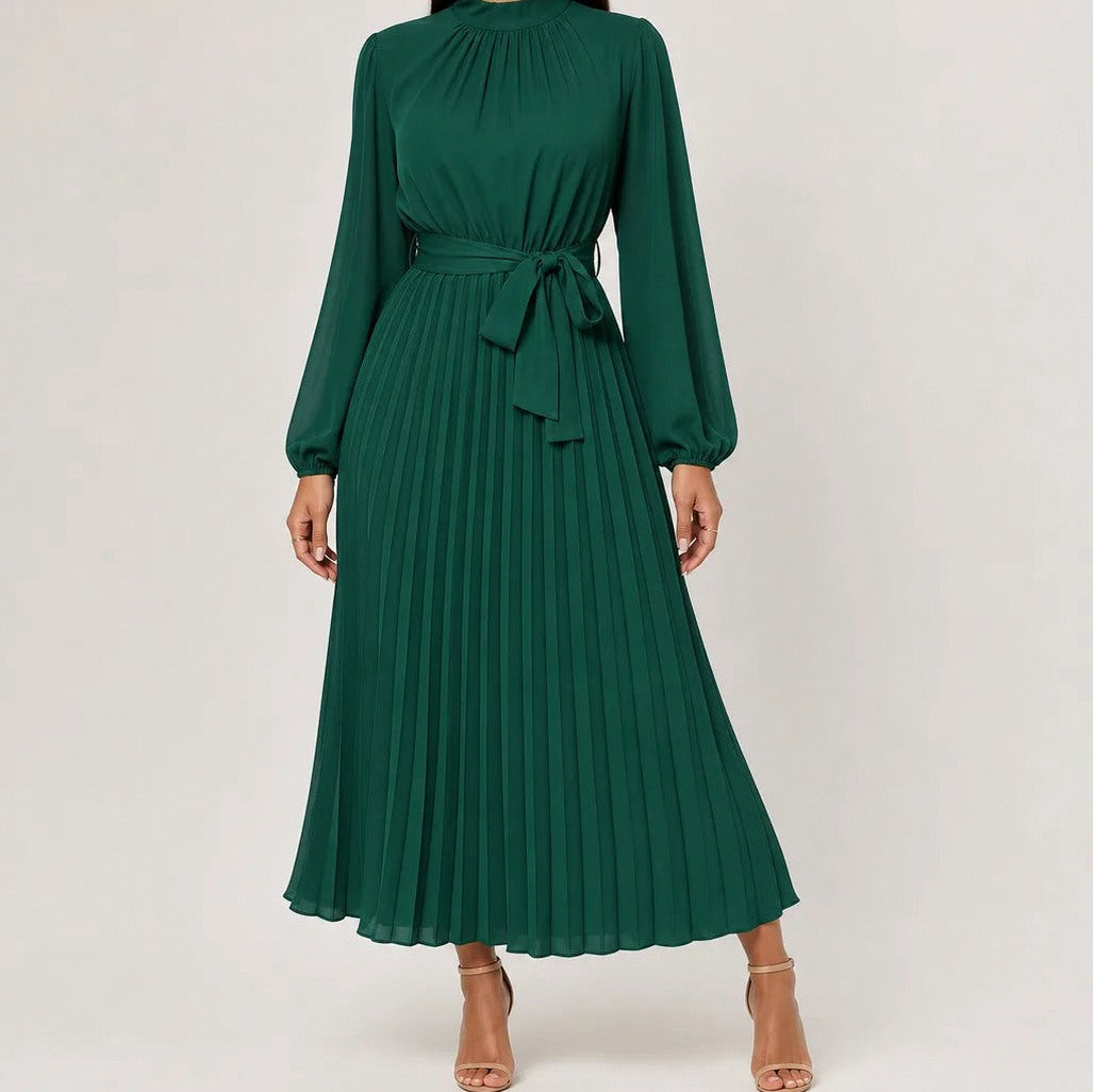 Pleated Mock Neck Midi Dress in Green