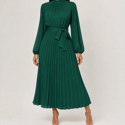 Pleated Mock Neck Midi Dress in Green