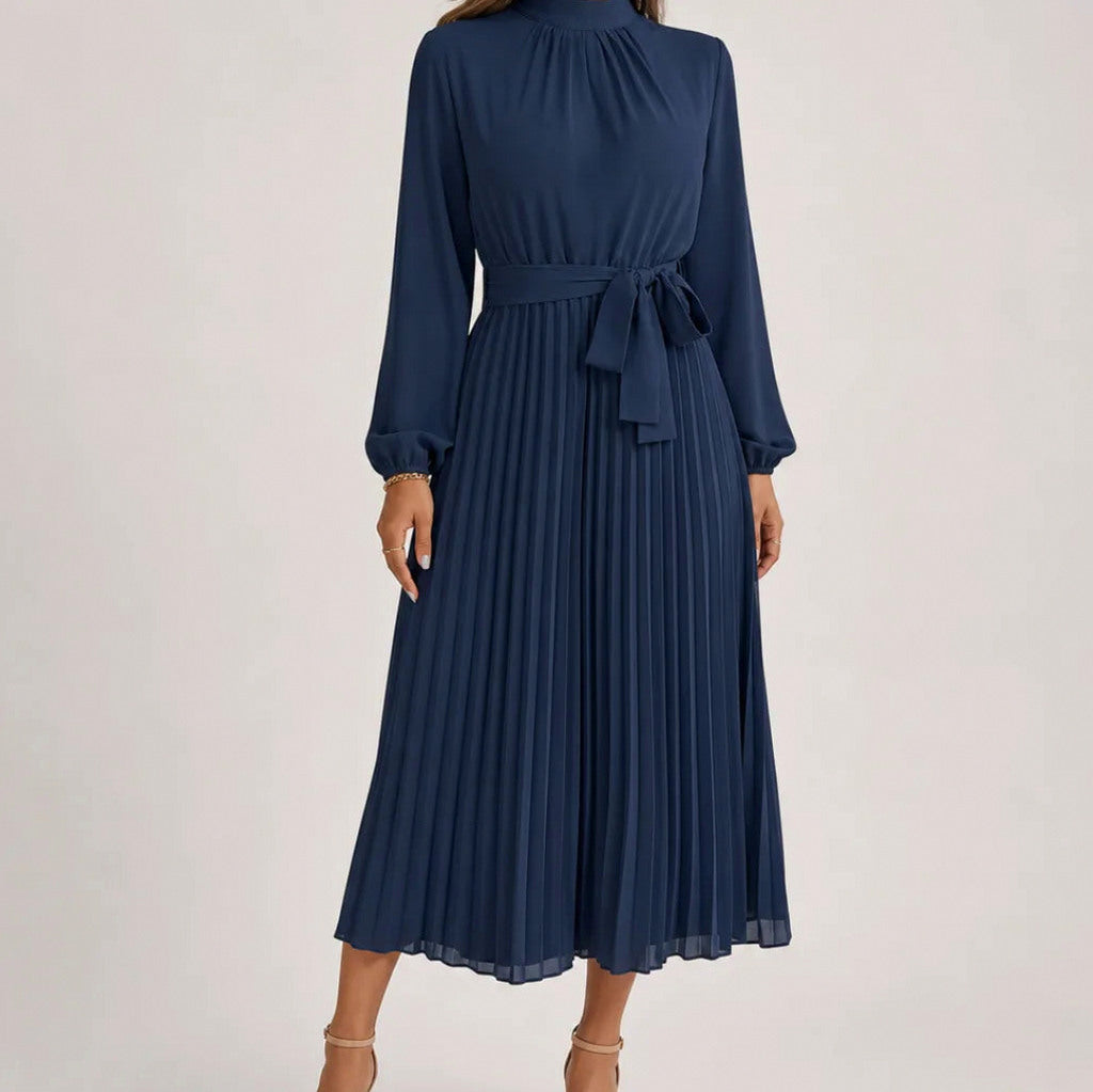 Pleated Mock Neck Midi Dress in Blue