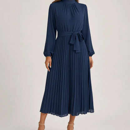Pleated Mock Neck Midi Dress in Blue