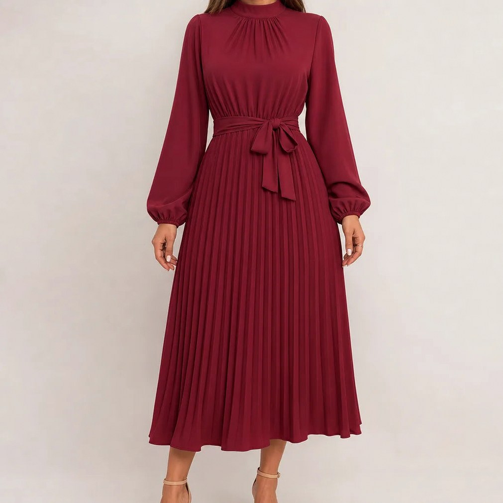 Pleated Mock Neck Midi Dress in Red