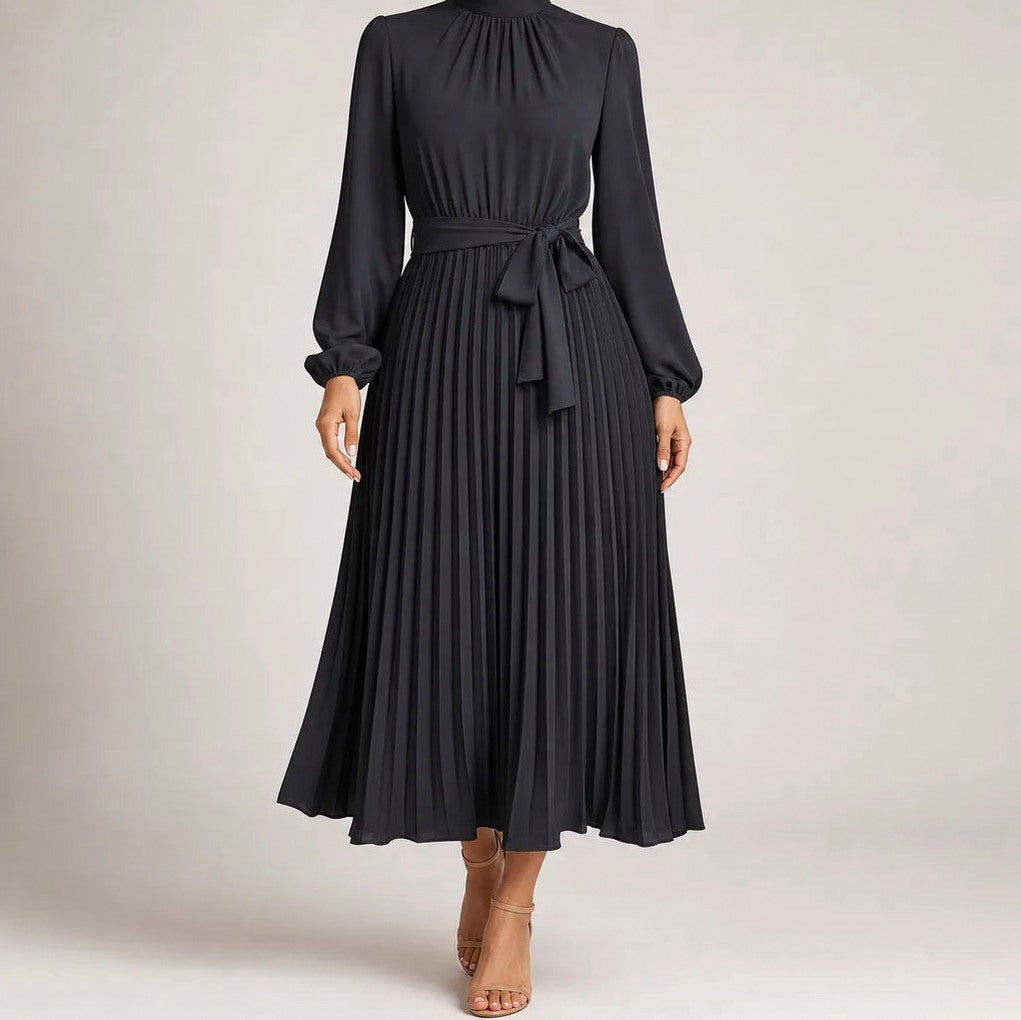 Pleated Mock Neck Midi Dress in Black