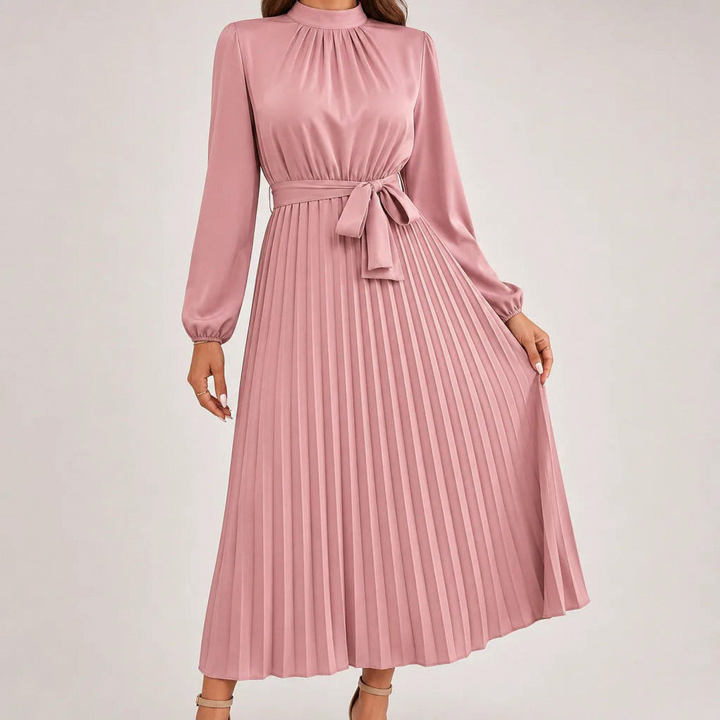 Pleated Mock Neck Midi Dress in Pink