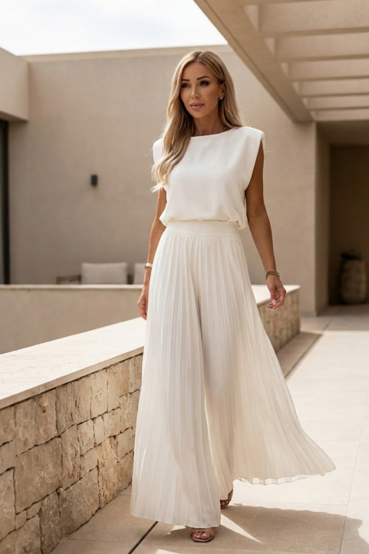 Sleeveless Top and Pleated Wide Leg Pant Set