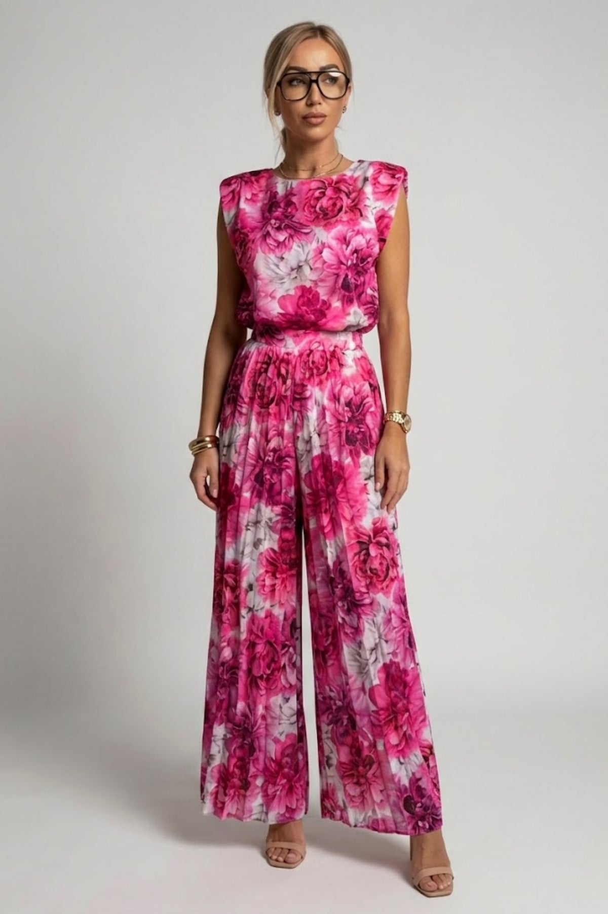 Sleeveless Top and Pleated Wide Leg Pant Set in Pink