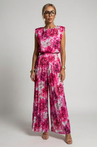 Sleeveless Top and Pleated Wide Leg Pant Set in Pink