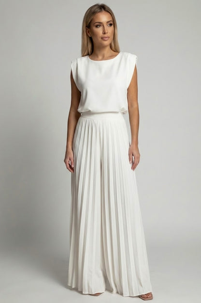 Sleeveless Top and Pleated Wide Leg Pant Set in White