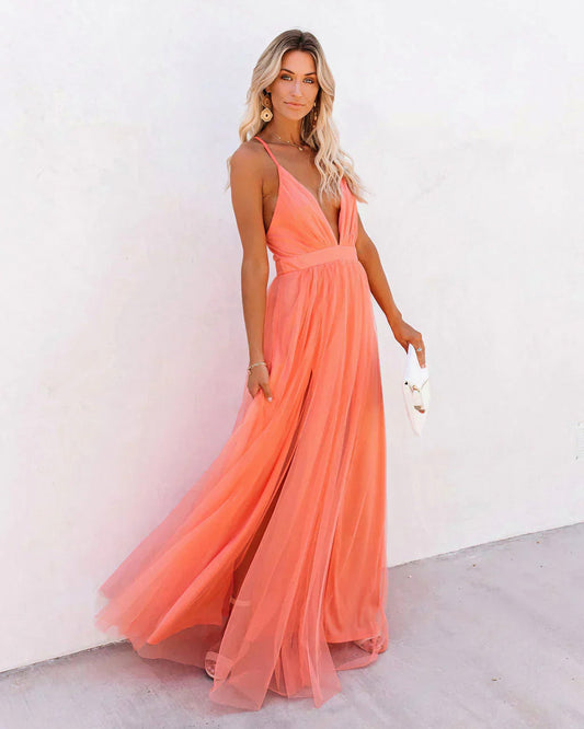 Plunging Tulle Maxi Dress in Coral