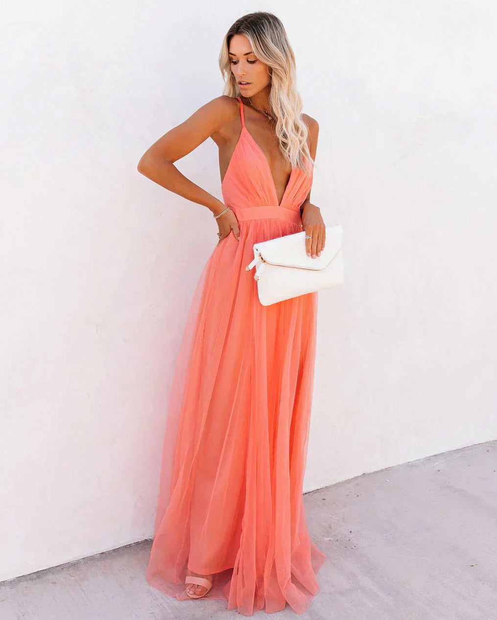 Plunging Tulle Maxi Dress