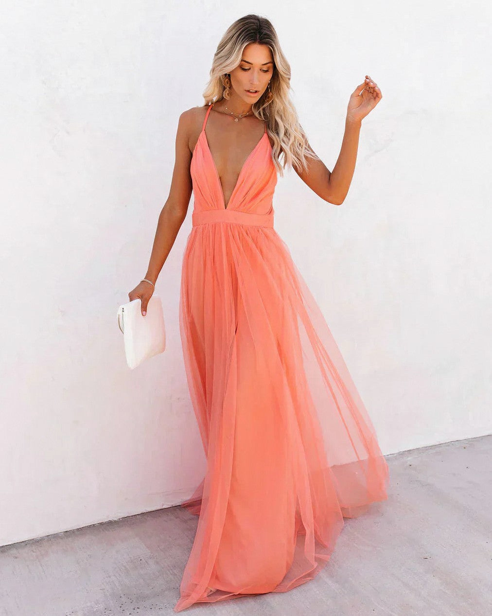 Plunging Tulle Maxi Dress