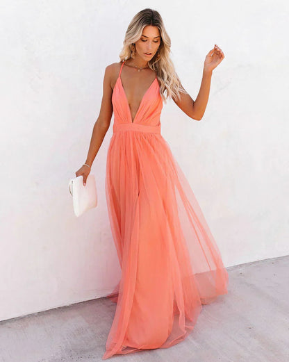 Plunging Tulle Maxi Dress
